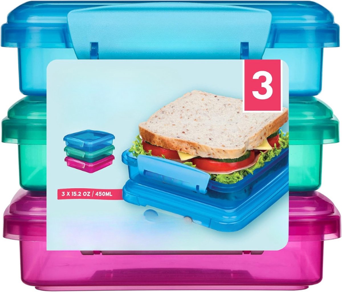 Famanu - Sandwichbox set van 3 lunchboxen 450 ml, luchtdicht en BPA-vrij