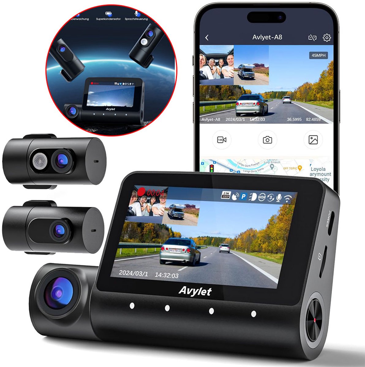 A8 Dashcam 5K/4K+1080P+1080P - Ultra 5K resolutie - 3 Channel Dash Cam - 170 graden kijkhoek - Parkeerbeveiliging 3 Parking Modes - Wifi - Gps - 170 + 150 graden kijkhoek - G Sensor - Full HD achter camera