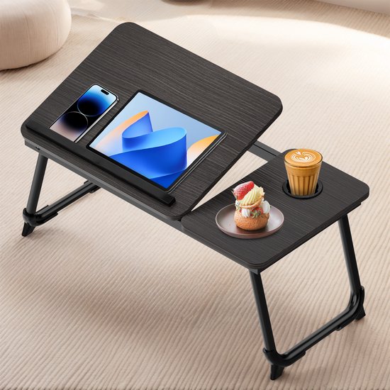 Soontrans Laptoptafel - Opvouwbaar Bedtafel - Banktafel - In 5 Standen Laptoptafel Verstelbaar - 63x27x33cm Laptoptafeltje Hout - Laptopstandaard - Ontbijttafel - Ontbijt op Bed Met Bekerhouder, Geborsteld Zwart