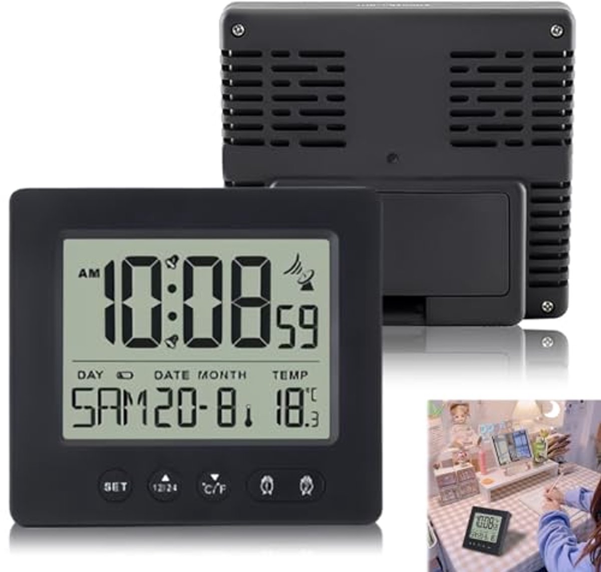 Ynkkvre - Digitaal Wekker - Dcf77 Radiosignaal - Dubbele Alarmen Met Sluimerfunctie En Automatische Tijdsynchronisatie - 1 Stuk - Thuis En Onderweg Gebruik Zwart