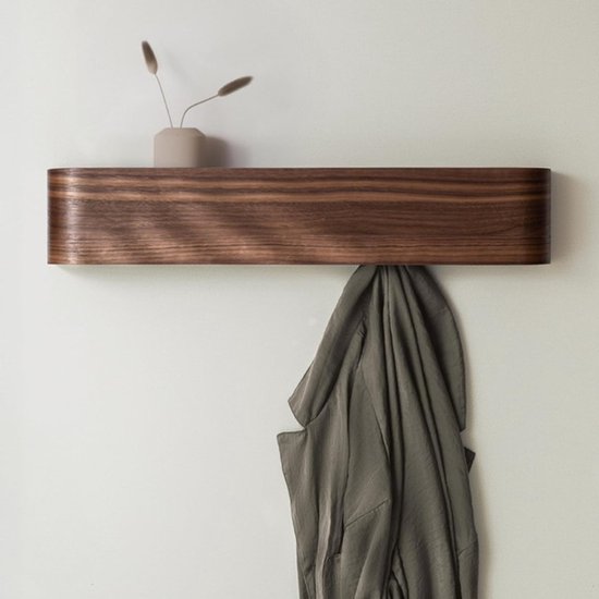 wandplank - kapstok met haken - kapstok - opbergrek - verborgen haken - hout - walnoot
