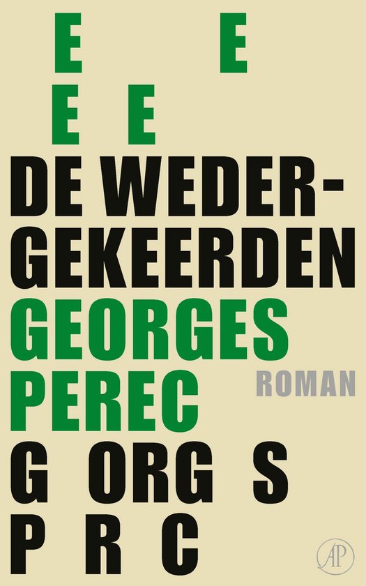 Boekcover van 'De wedergekeerden' door Georges Perec, met groene en zwarte letters op een crèmekleurige achtergrond.