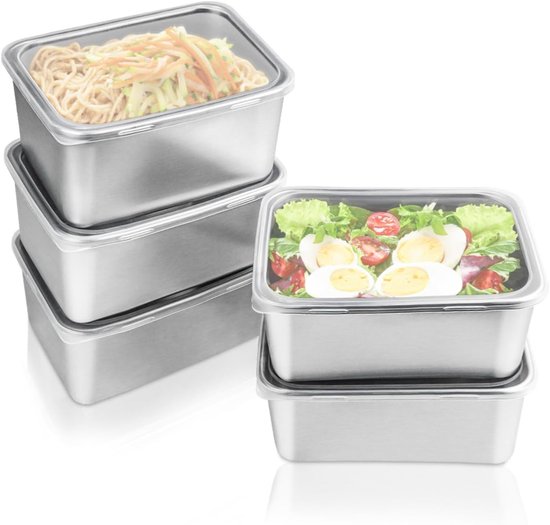5 Pack Vershoudbakjes RVS - snackbox van roestvrij staal - Kitchen Meal Prep Bakjes Set - Maaltijd bakjes - Meal Prep Bakjes - Kleine voedselcontainers met deksels - Vershouddoos - herbruikbare - Vaatwasbestendig - Zilver