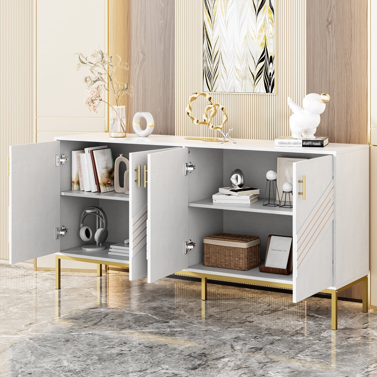 OKWISH Dressoir – Wit+Notenbruin – Modern Geometrisch Deurpatroon – 160×40×80,5 cm – 4 Deuren – Met 2 Verstelbare Legplanken – MDF Met Gouden Metalen Handgrepen En Poten – Compact Opslagmeubel