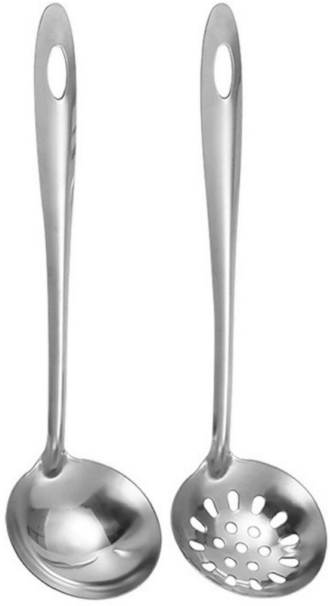 2 stuks - Pollepel- en zeefset - Roestvrij staal - Pollepel met lange steel en sauslepel - Geschikt voor gebruik in de keuken, bij hotpot en in restaurants - Opscheplepel - Zilver
