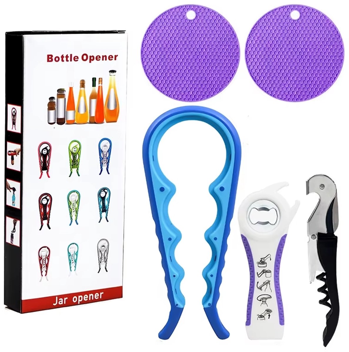 Multifunctionele Blikopener – Antislip Potopener & Wijndeksel – Ergonomisch & Arbeidsbesparend - Paars