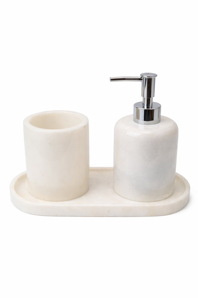 Marmeren Badkameraccessoires Set – 3-delig – Tray, Zeepdispenser & Beker – Wit Marmer – Luxe Afwerking met Zilveren Details