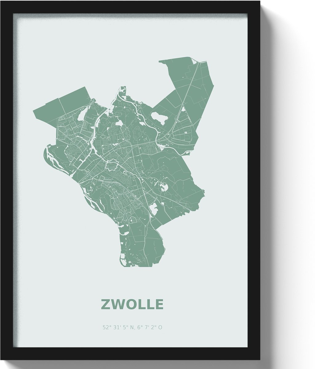Poster Zwolle A2 - 42 x 59,4 cm - Groen Inclusief lijst (Zwart MDF)