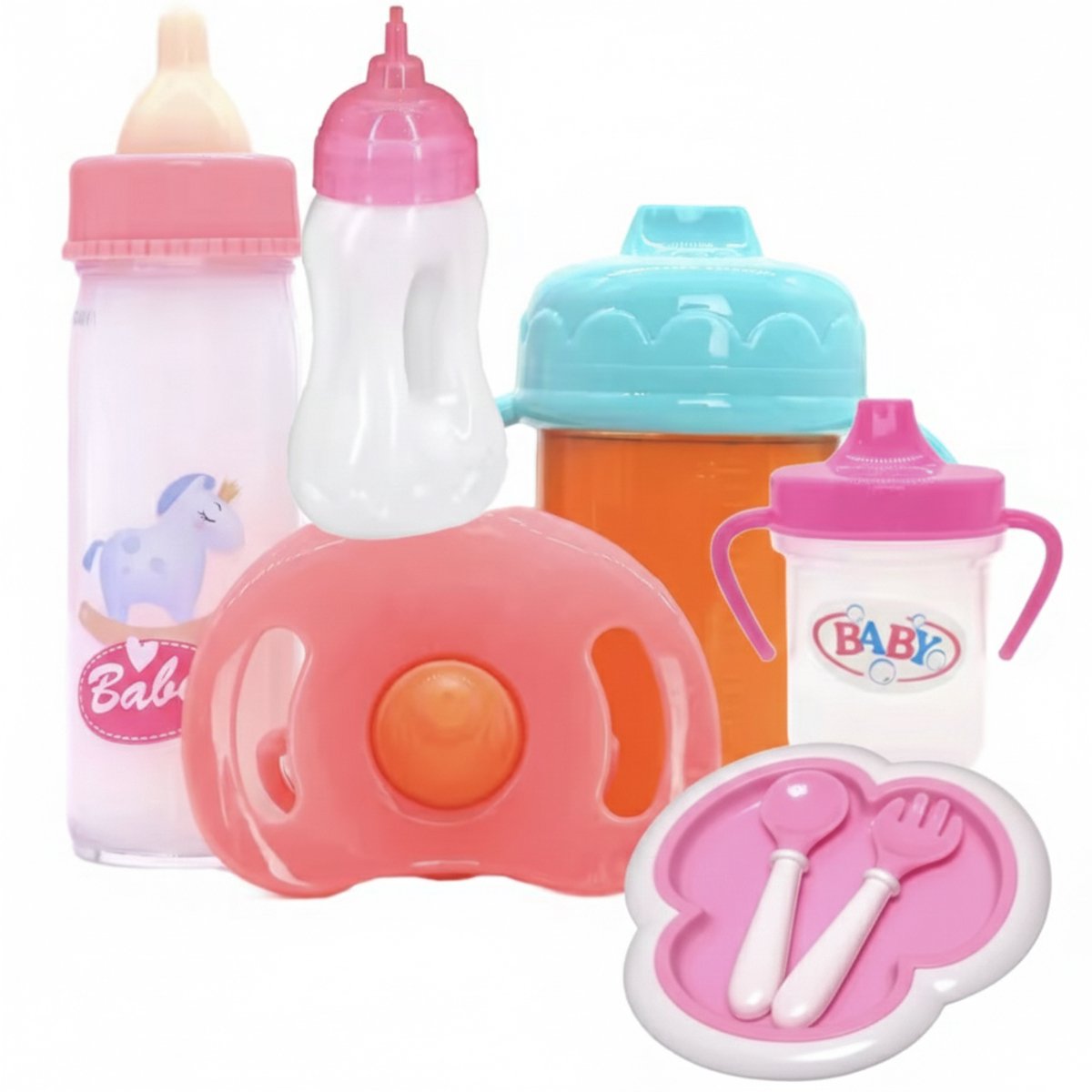 Eetsetje Geschikt voor Baby Born – Flesjes, Bordje & Lepeltje + 2 Magic Flesjes – Accessoires voor Babypop (36–43 cm)