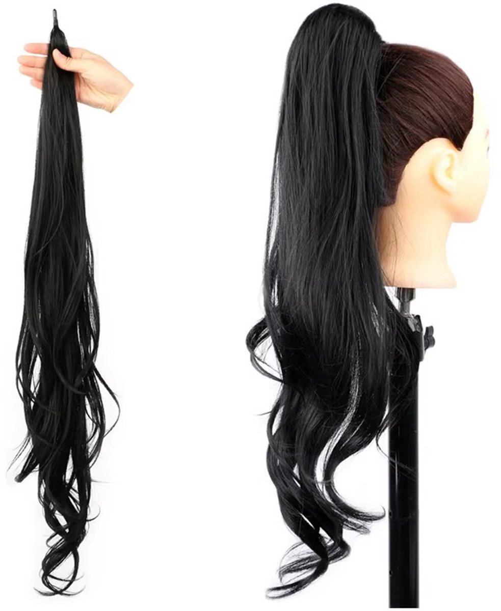 Nepstaart Ponytail Haarextensie Golvend Dames – Nep haar voor vlechten - Zwart – 80 cm – Extra Volume (Kleur #1B)