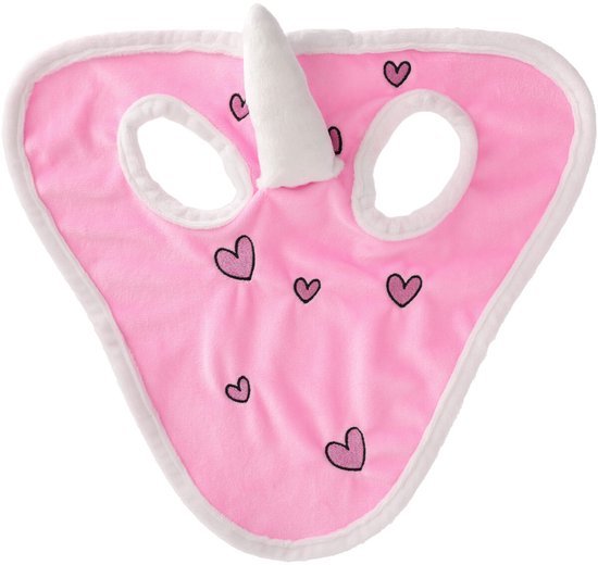 Roze masker voor pony met hartjes, witte rand en een unicornhoorn.