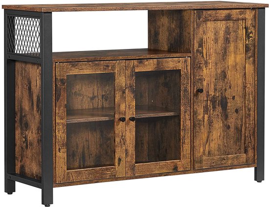Opbergkast Eetkamerkast Sideboard Opbergmeubel Glasdeur Kast Displaykast 110x33x75cm Verstelbare Plank Stevig Metalen Frame Bruin + Zwart Geschikt voor Woonkamer Slaapkamer Keuken