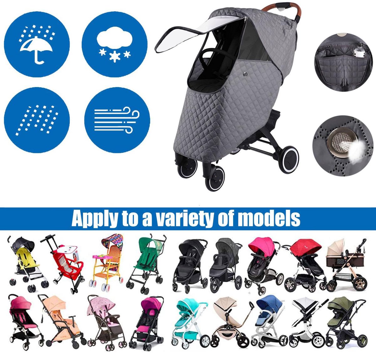 Universele regenhoes voor kinderwagens - Universele winterhoes - Regen en koubeschermingshoes voor kinderwagen - Weerbestendige hoes voor reiskinderwagens - Kinderwagenaccessoire - Weerbestendig - Waterdicht en sneeuwbestendig – foto 5