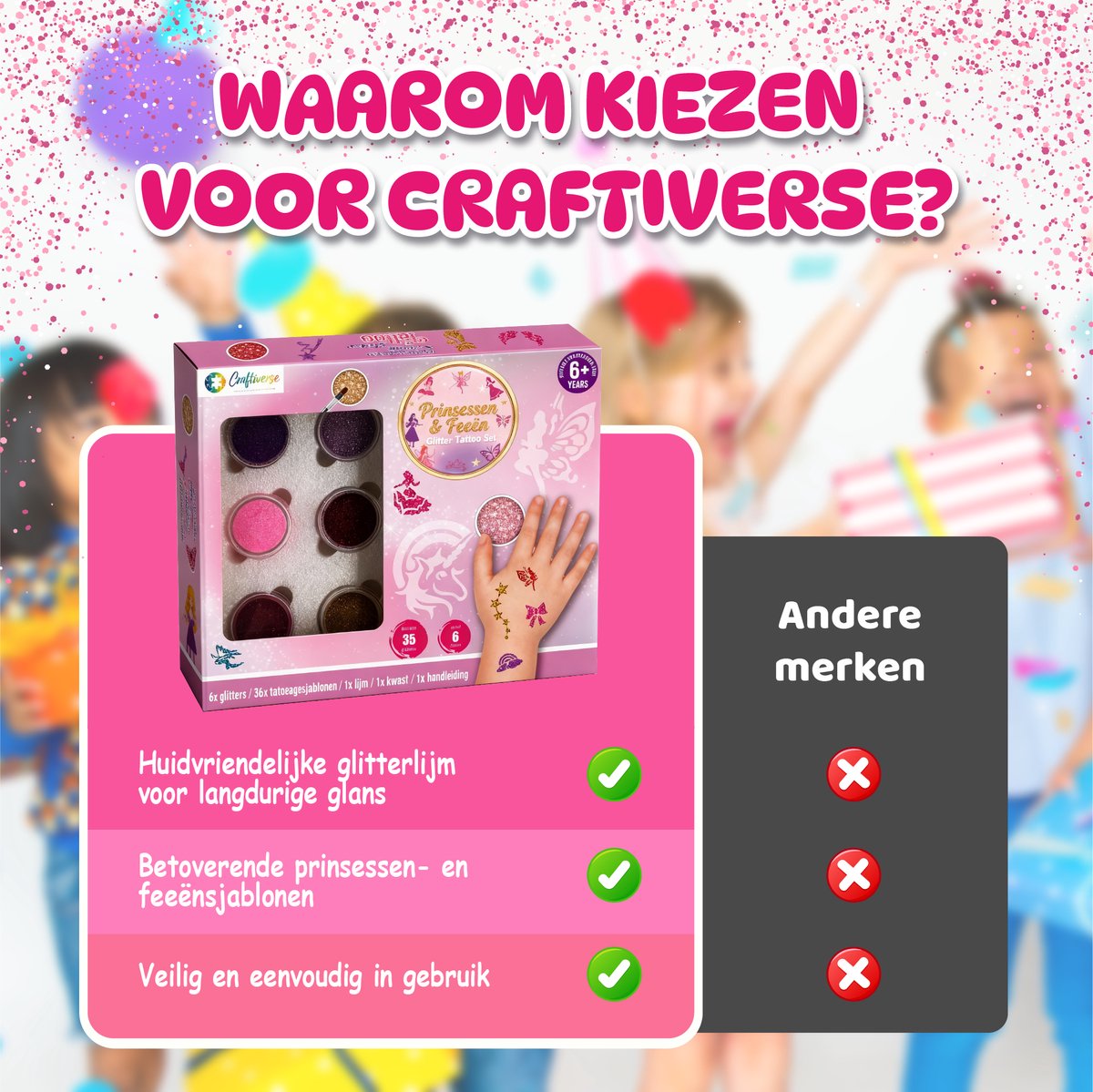 Craftiverse Glitter Tattoo Set – Prinsessen & Feeën Editie – 36 Sjablonen - 6 Kleuren - Schmink Sjablonen - Knutselpakket - Knutselen Meisjes - Huidlijm Voor Glitters - Inclusief Handleiding — afbeelding 11