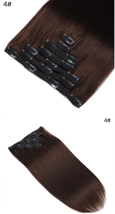Extensions de cheveux à clip - 100% vrais cheveux humains - 7 pièces - couleur 4# châtain naturel - 40 cm - 100gr - réutilisable