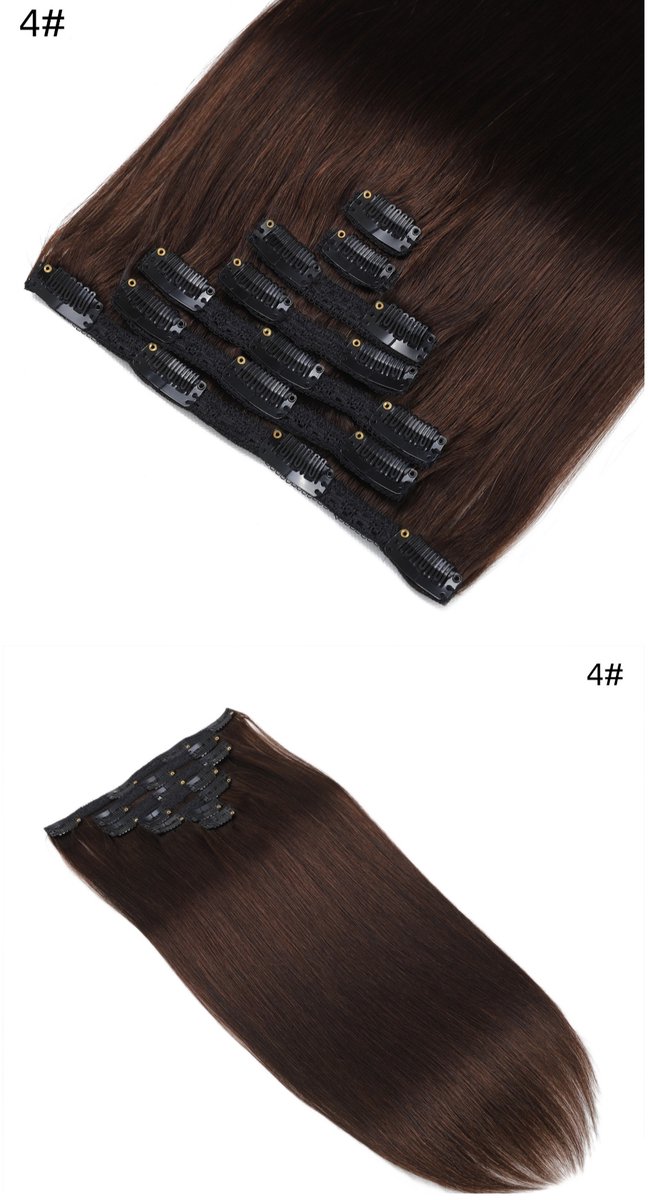 Clip-in hair extensions - 100% echt mensenhaar - 7 stuks - kleur 4# naturel kastanjebruin - 40 cm - 100gr - herbruikbaar