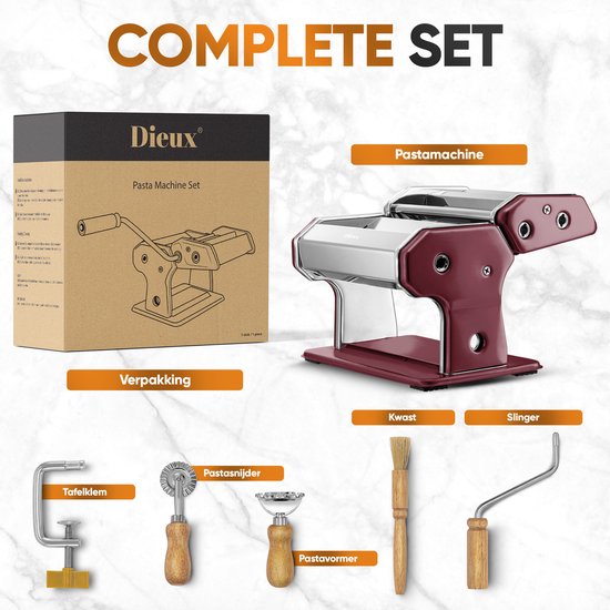 Dieux - Pastamachine Set - Rood - Pastamaker - Inclusief Pasta Tools - Houten handvat - RVS - Pasta - Ravioli - Keukengerei - Housewarming cadeau van Dieux — afbeelding 2