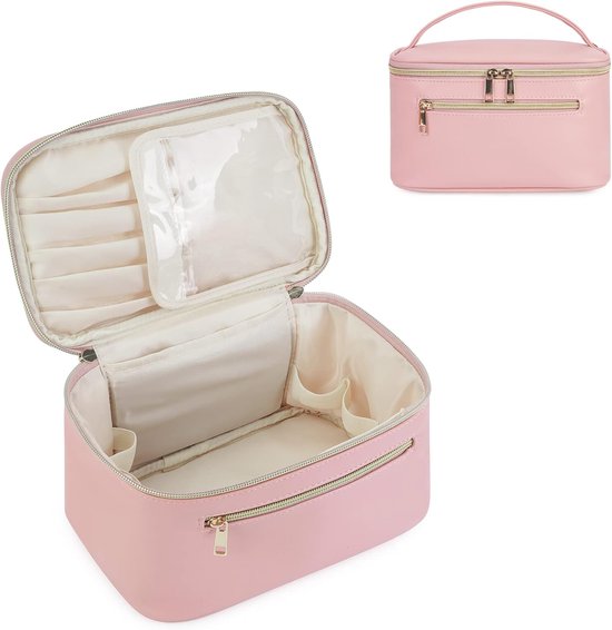 Trousse à maquillage, sac de voyage, trousse de toilette, organisateur, grand, avec compartiment pour pinceaux, en cuir PU, portable, rose, 23.5*14*12.7cm