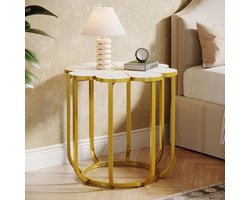 LITTLE TREE Bijzettafel - 60 X 60 X 60 cm - Moderne Faux Marmer Blad - Bloem Design Onderstel - met Gouden Metal Frame - Ruimtebespareende Bedside Tafel - voor Woonkamer en Slaapkamer - Wit Goud