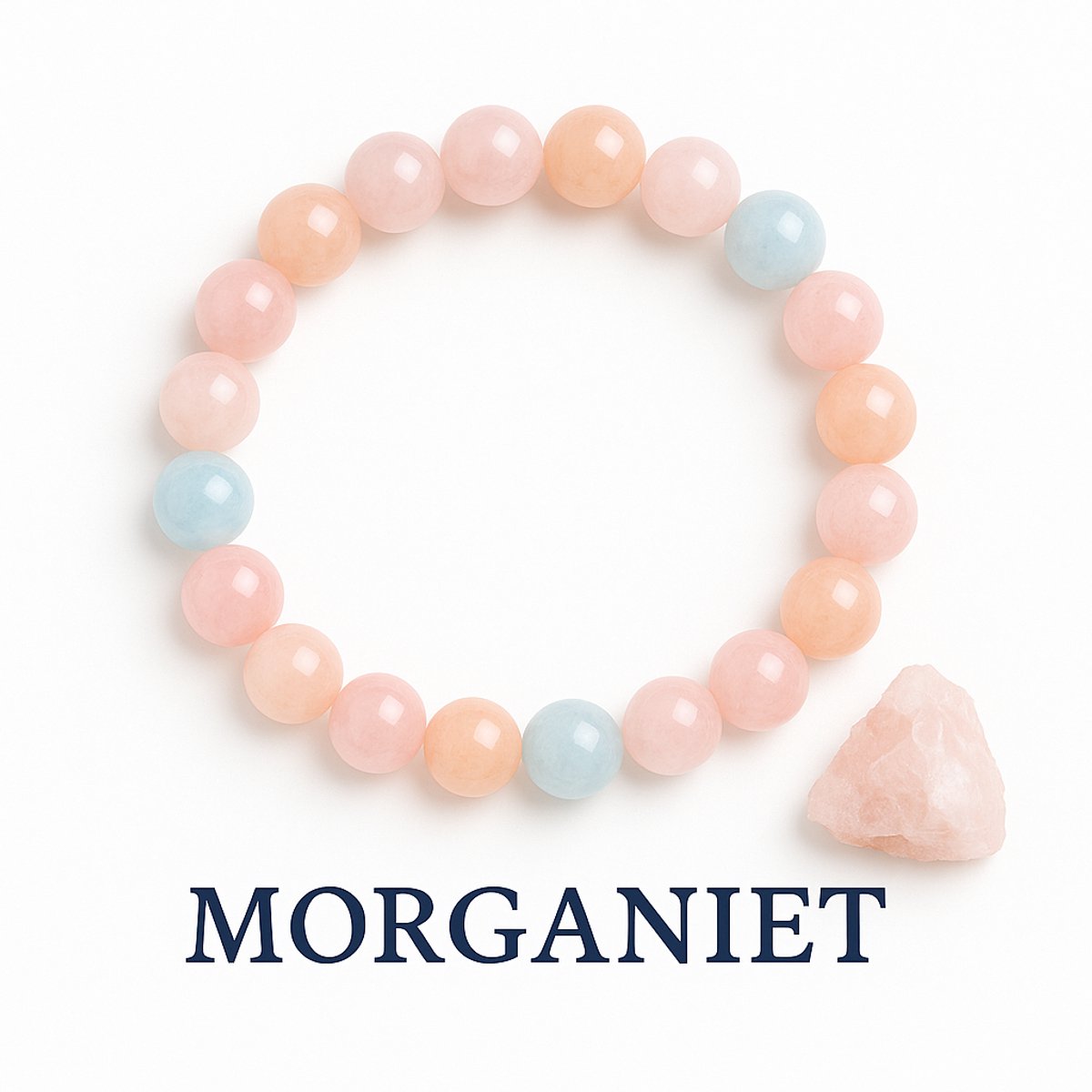 S4H Morganiet Armband – 8mm Natuurlijke Edelstenen (Beryl) – Liefde, Hartchakra & Innerlijke Rust – Handgemaakt – 18 cm Elastisch – Zachte Pastel Roze/Perzik