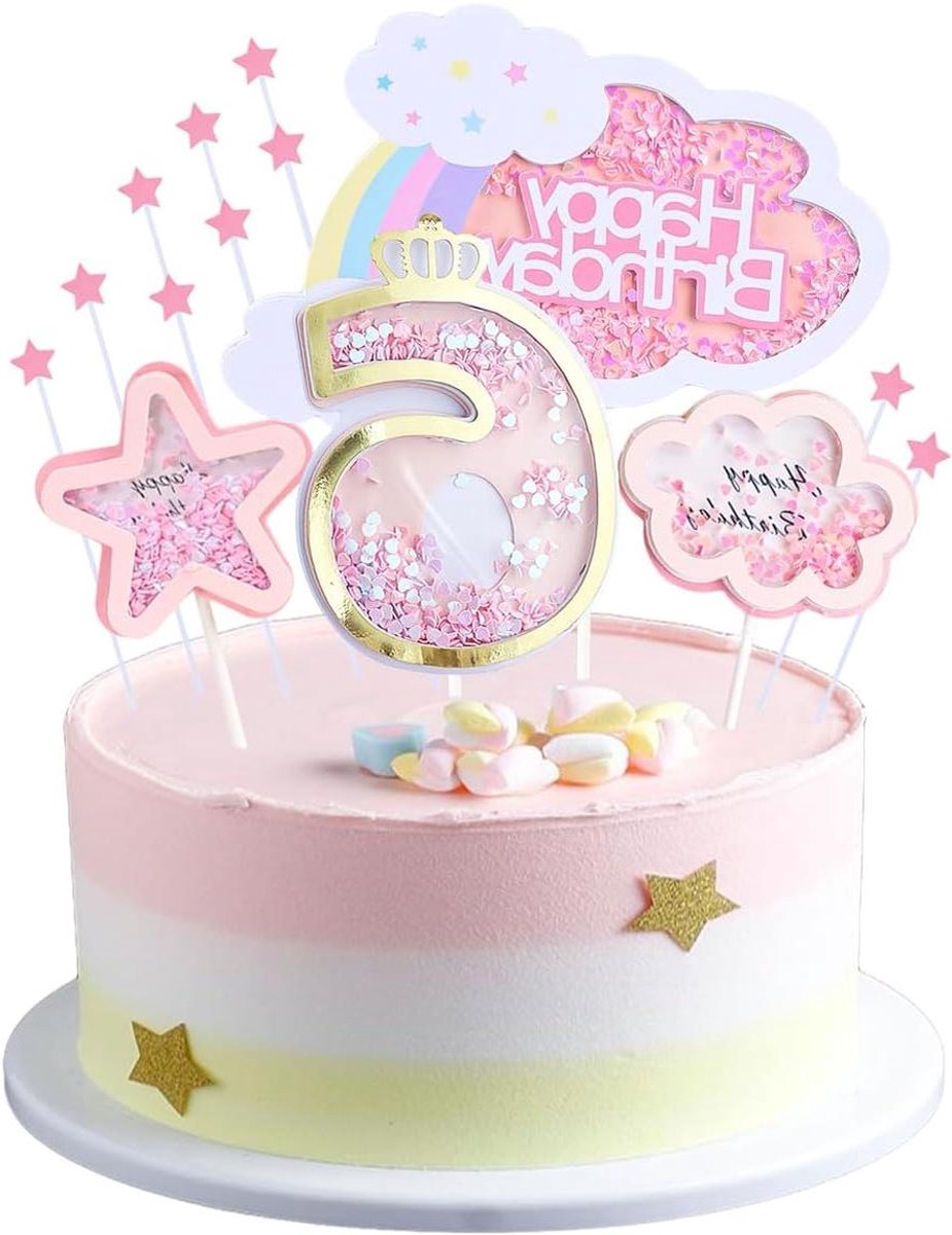 Ronte - Taartdecoratie voor meisjes 6e verjaardag Happy Birthday regenboog sterren roze