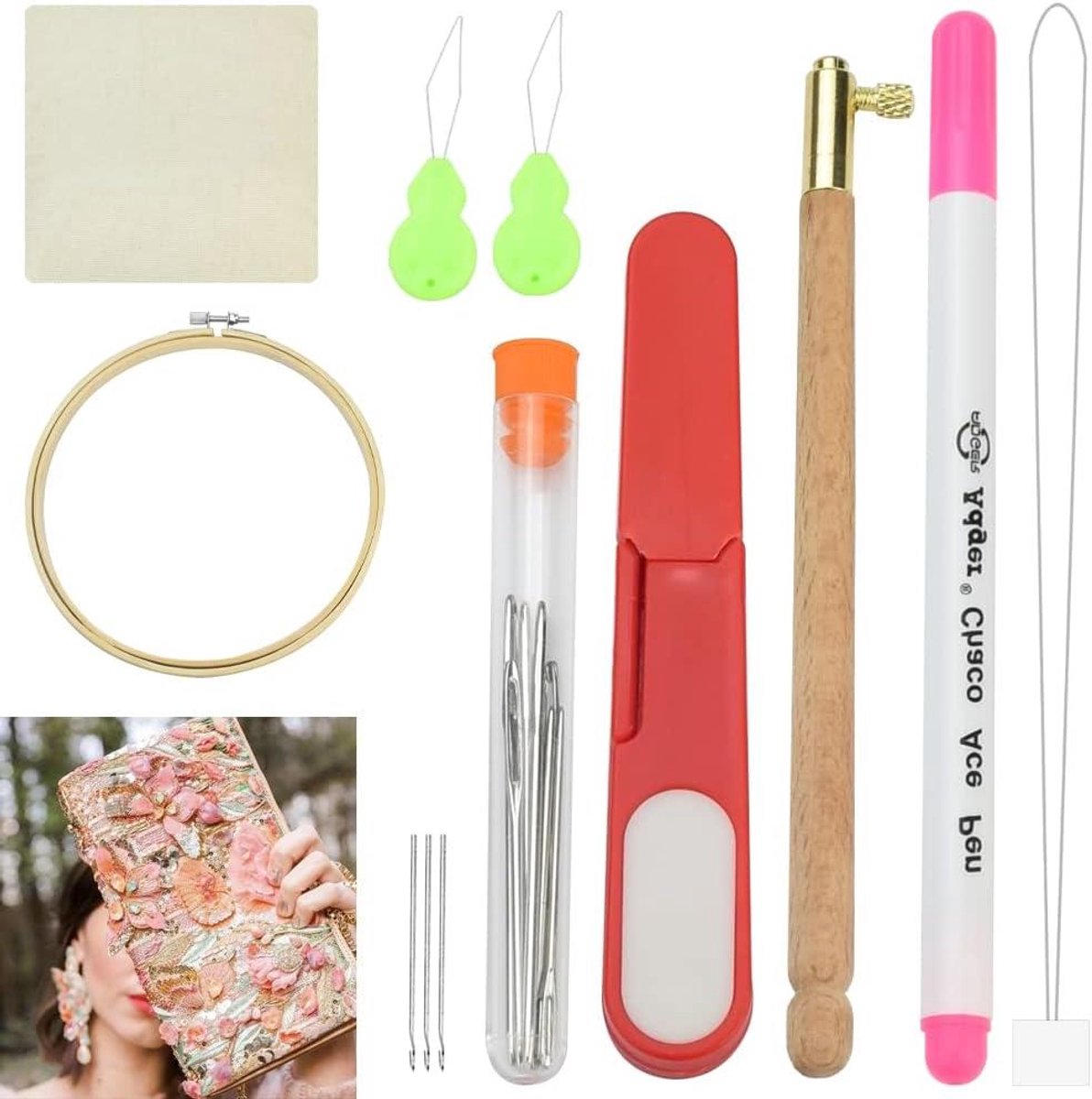 Ronte - Borduurset met houten handvat en diverse accessoires voor DIY naaien, waaronder borduurnaalden, ponsnaald en draadsnijder.