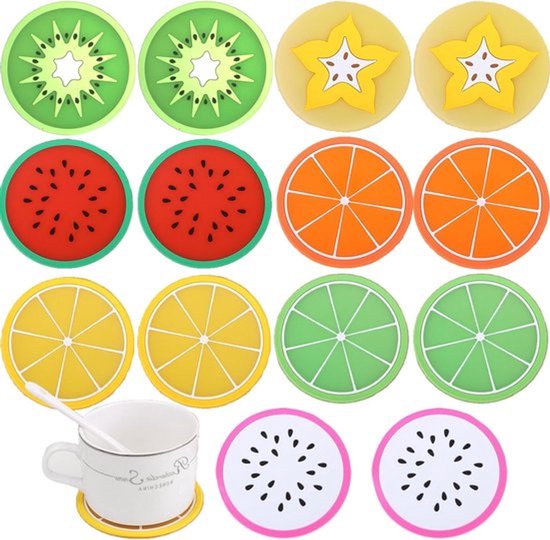Rubberen Fruitonderzetters - Citroen - Set van 14 Stuks | Antislip Drankonderzetters | Geïsoleerde Warmte Decoratie voor Kopjes, Tafel, Bar en Glazen