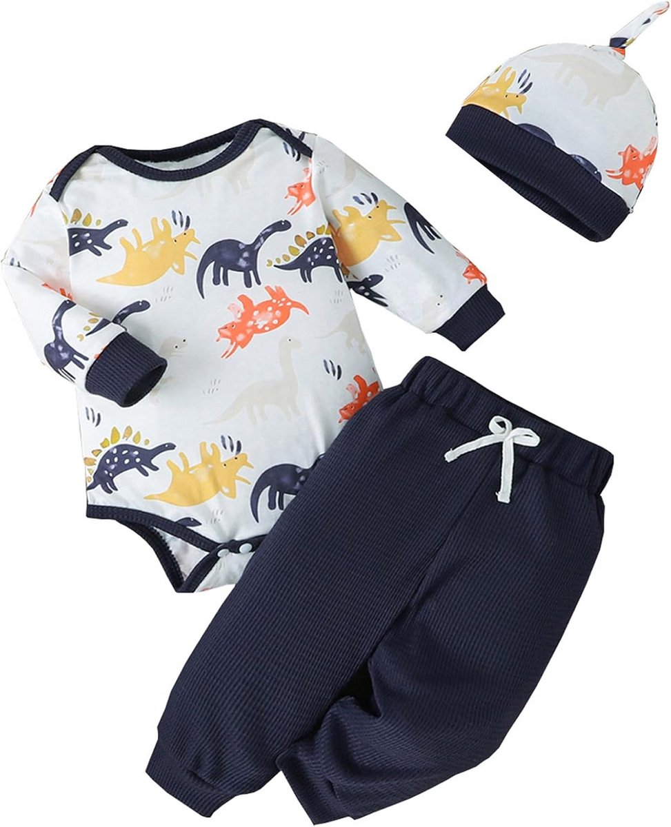 Pasgeboren baby jongens kleding set Dinosaurus Print Katoen Lange Mouwen Romper Broek Hoed 3 stuks