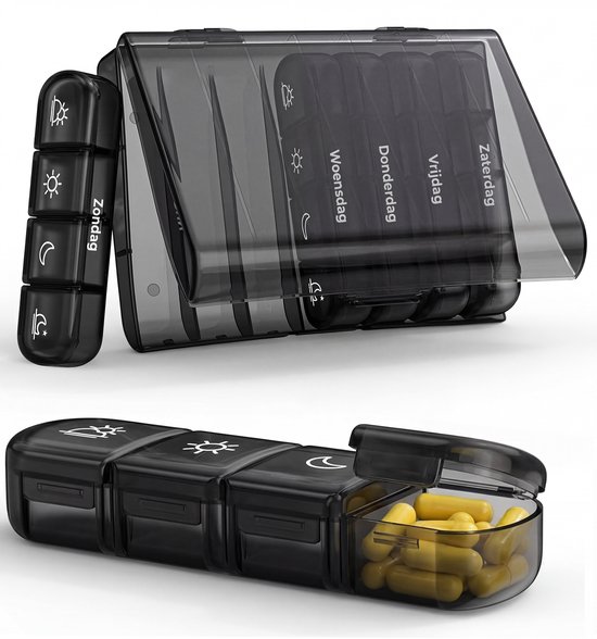Casa Goods® - Pillendoosjes 7 dagen 4 vakken per dag - Medicijndoosje 7 dagen - Medicatiedoosje - zwart - Nederlandse tekst