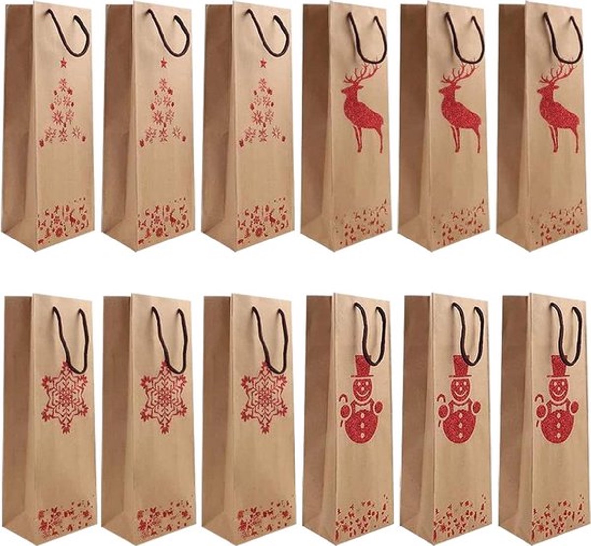 12 stuks premium kerst-wijnzakken kraftpapieren flessen cadeauzakjes met handvat - 36 x 13 x 8 cm