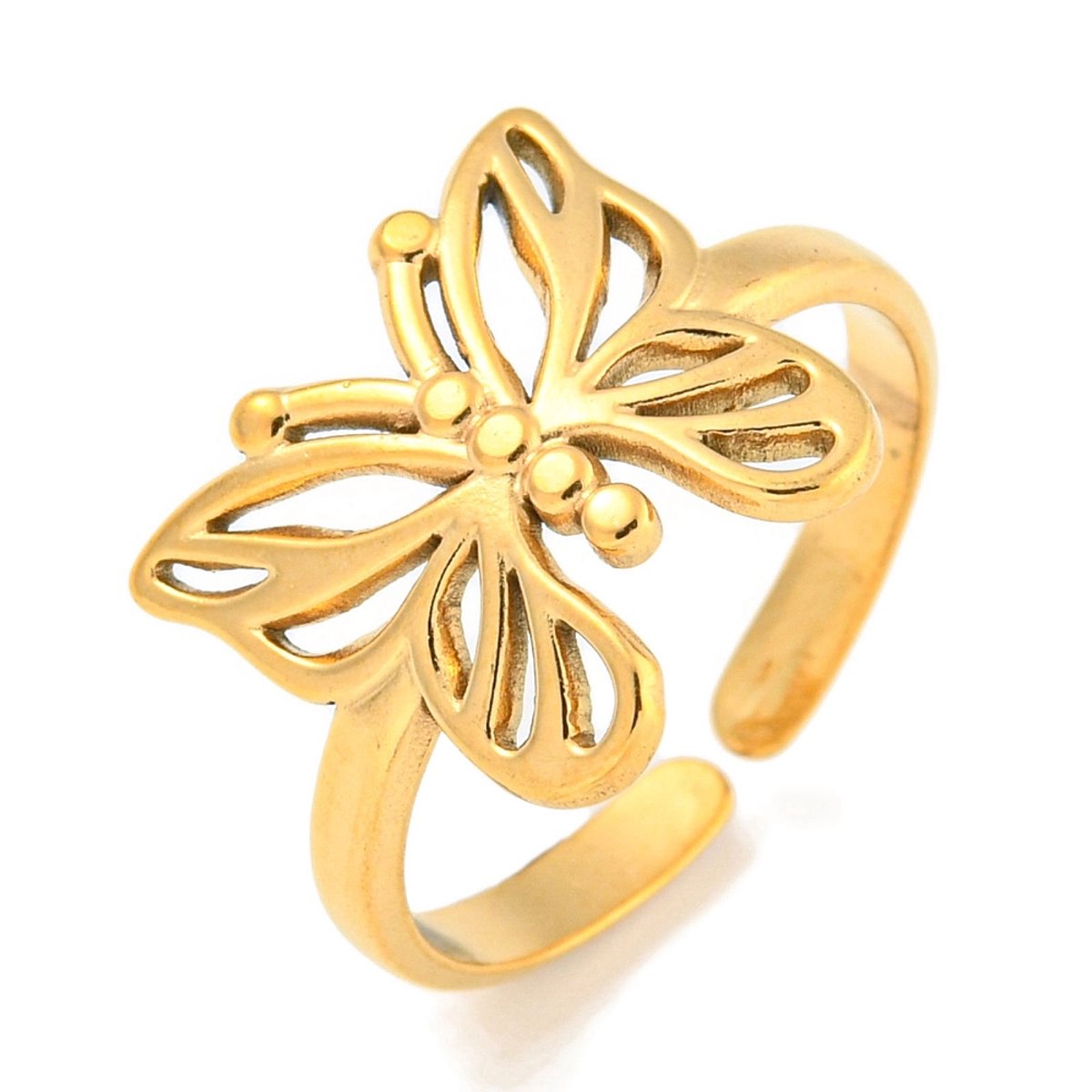 Ring stainless steel vlinder bohemian, one size ring, goudkleurig, 100% waterproof, verstelbare ring, cadeau