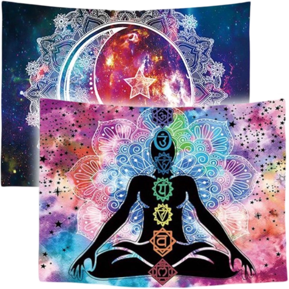 Ulticool – Wandkleed - Chakra Healing Aura Spiritualiteit Mandala – Set van 2 designs - 73 cm x 95 cm – Schilderij Wandtapijt Stof – Poster Art – Wit Paars Blauw