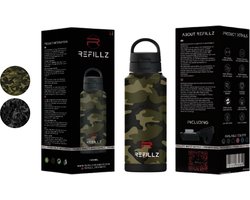 Refillz Drinkware® - (NEW) Camou Bottle Urban Green&Black - Dubbelwandige Thermo Drinkfles 1000ML - Waterfles - RVS Bidon - Click & Lock Lid Pro - 24u koud / 12u warm - Lekvrij Design - BPA Vrij