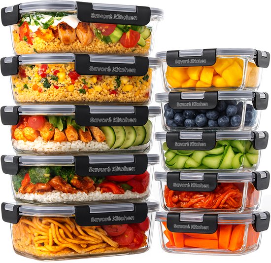 Savoré Kitchen Vershoudbakjes Set - Glas - 10 Stuks Met Stoom Deksel - Meal Prep Bakjes - Diepvriesbakjes Glas - Luchtdicht - 1040 & 380 ML
