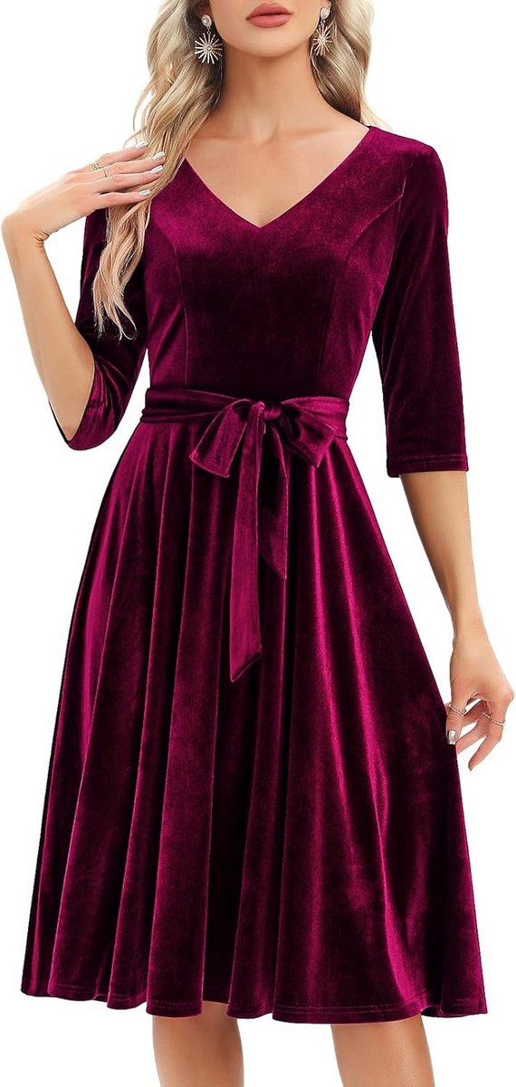 Vintage Vrouwen Jurk met V-Hals en 3/4 Mouwen - Midi Feestjurk met Zakken