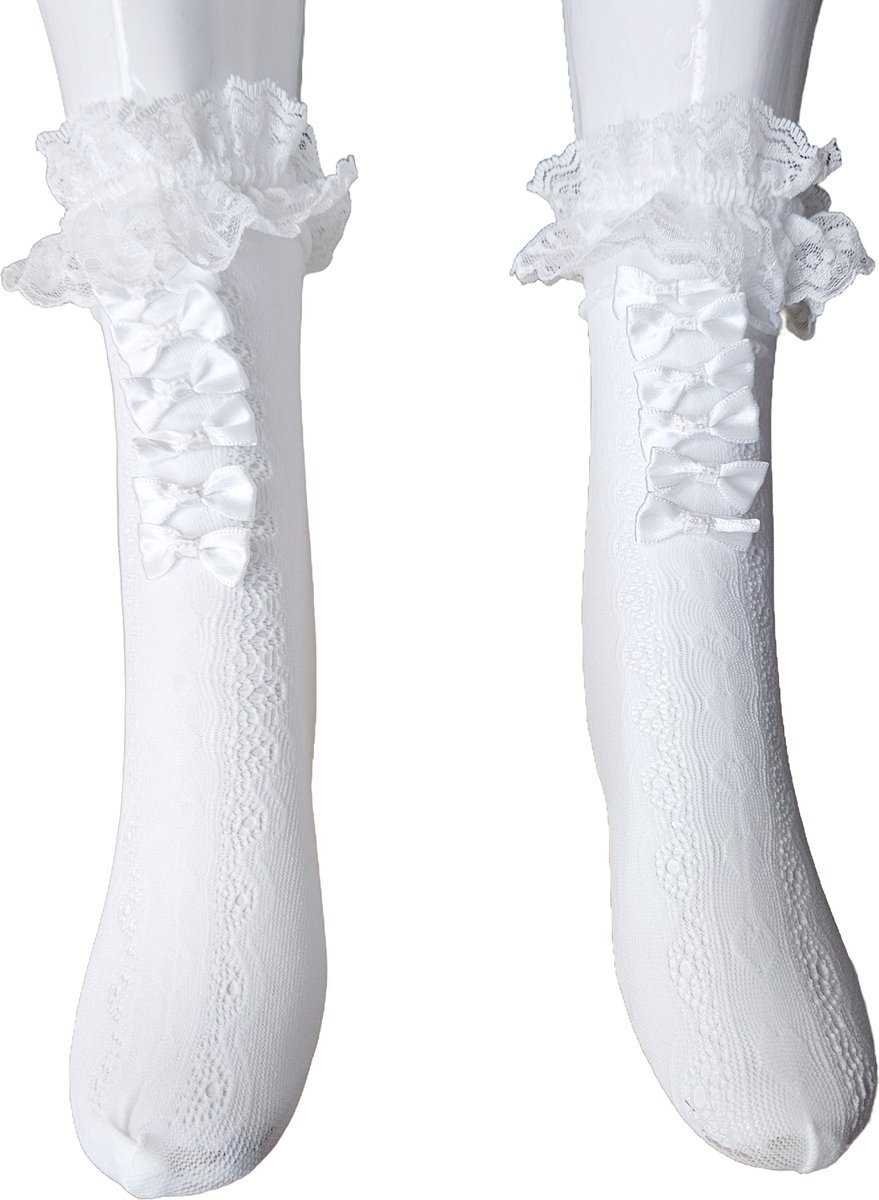 BamBella® Knie Sokken panty stof Dames - Onesize Wit met strikjes net Kniekousen - kousen