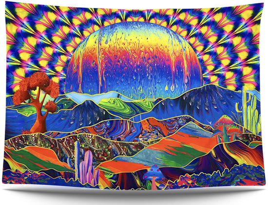 Ulticool Wandkleed - Regenboog Zon Bergen - Glow in the Dark Decoratie - Psychedelic - Blacklight Party Doek - 200x150 cm - Backdrop UV Lamp - Groot wandtapijt - Poster - Neon Fluor Verlichting - Tiener Jongen Meisje