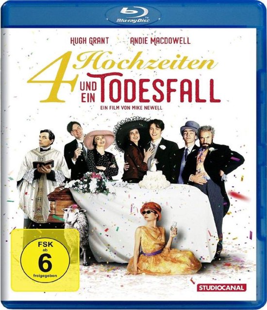 Blu-ray hoes met de titel '4 Hochzeiten und ein Todesfall'. De cast staat rond een gedekte tafel, sommigen in feestelijke kledij.