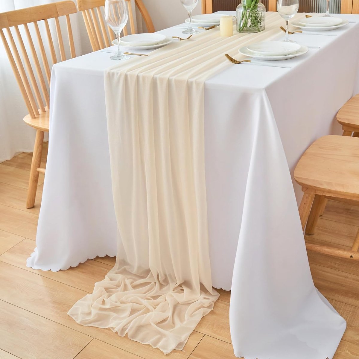 Tafelloper Boho kaasdoek beige 77 x 180 cm landelijke stijl bruiloft keukentafeldecoratie, voor binnen, vakantie, bruiloften