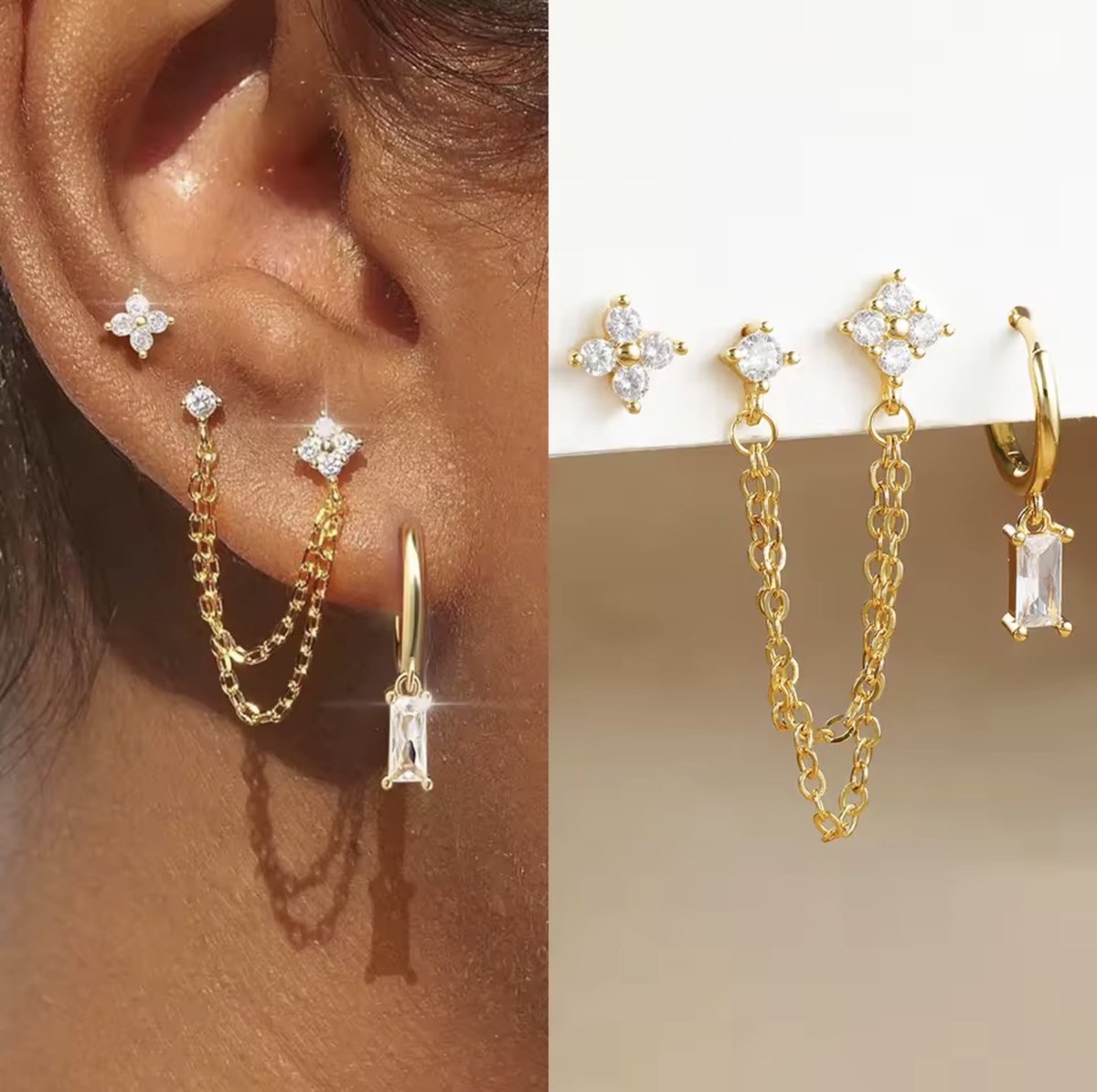 Maevi® Oorbellen Set 4 Stuks - Kleur: Goud - 18K Verguld - Hoge Kwaliteit - Oorbellen Set - Meerdere Oorbelgaatjes - Oorbellen / Earrings - Oor Versiering - Luxe Set - Gouden Oorbellen - Meerdere Gaatjes - Cadeau - 18 Karaat - Oorhangers