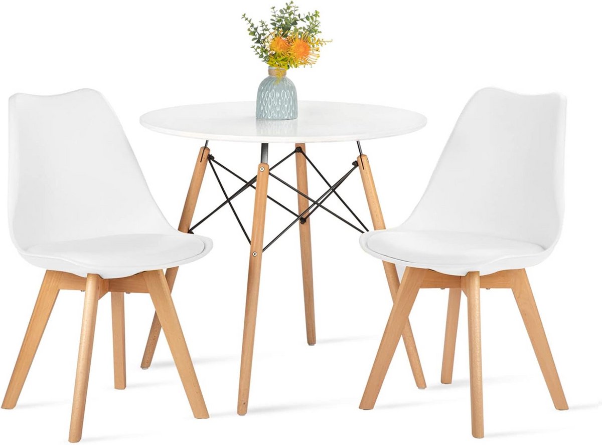Ronde Eetkamerset met 2 Witte Stoelen, Scandinavisch Design