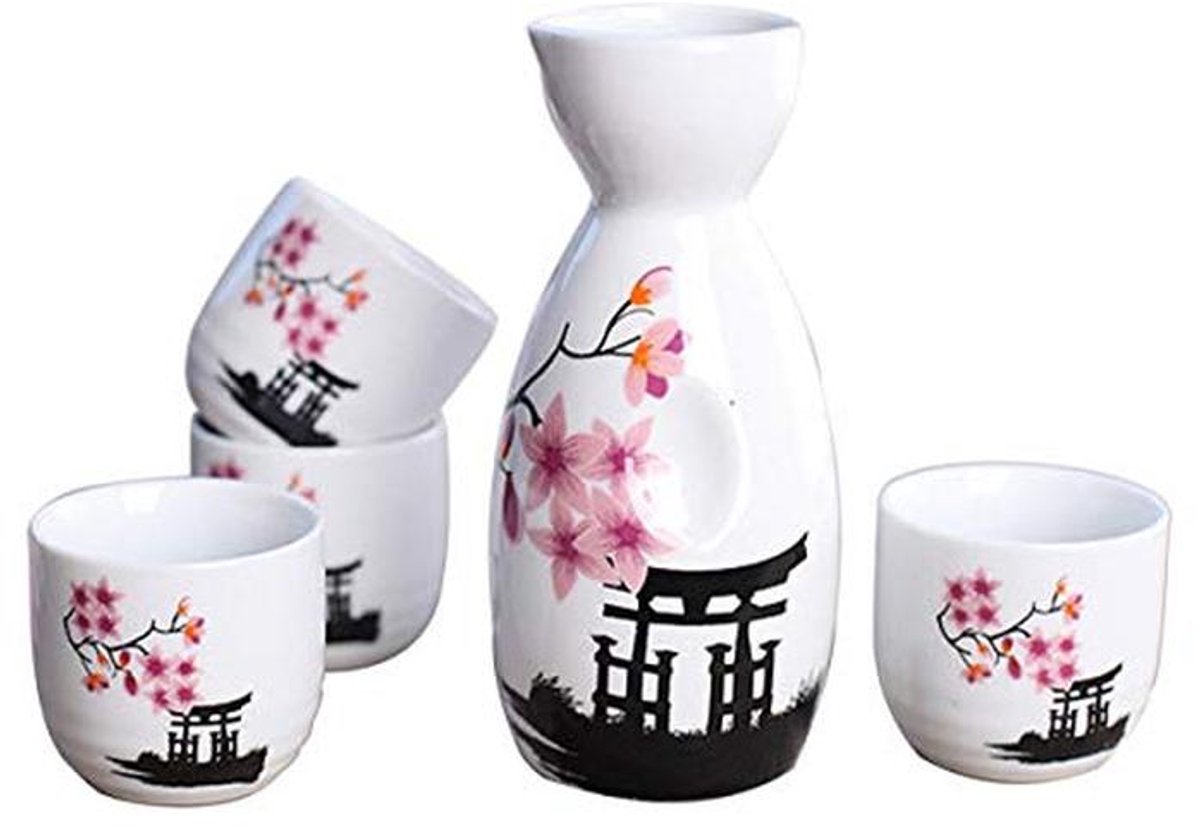 5-delige keramische Japanse sake set - Roze Blossom