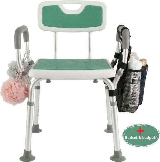 BY JRM® Douchestoel en Douchekruk met afneembare rugleuning en armleuning – 30 dagen uitproberen - anti slip – verstelbare hoogte - douchekrukje - Groen