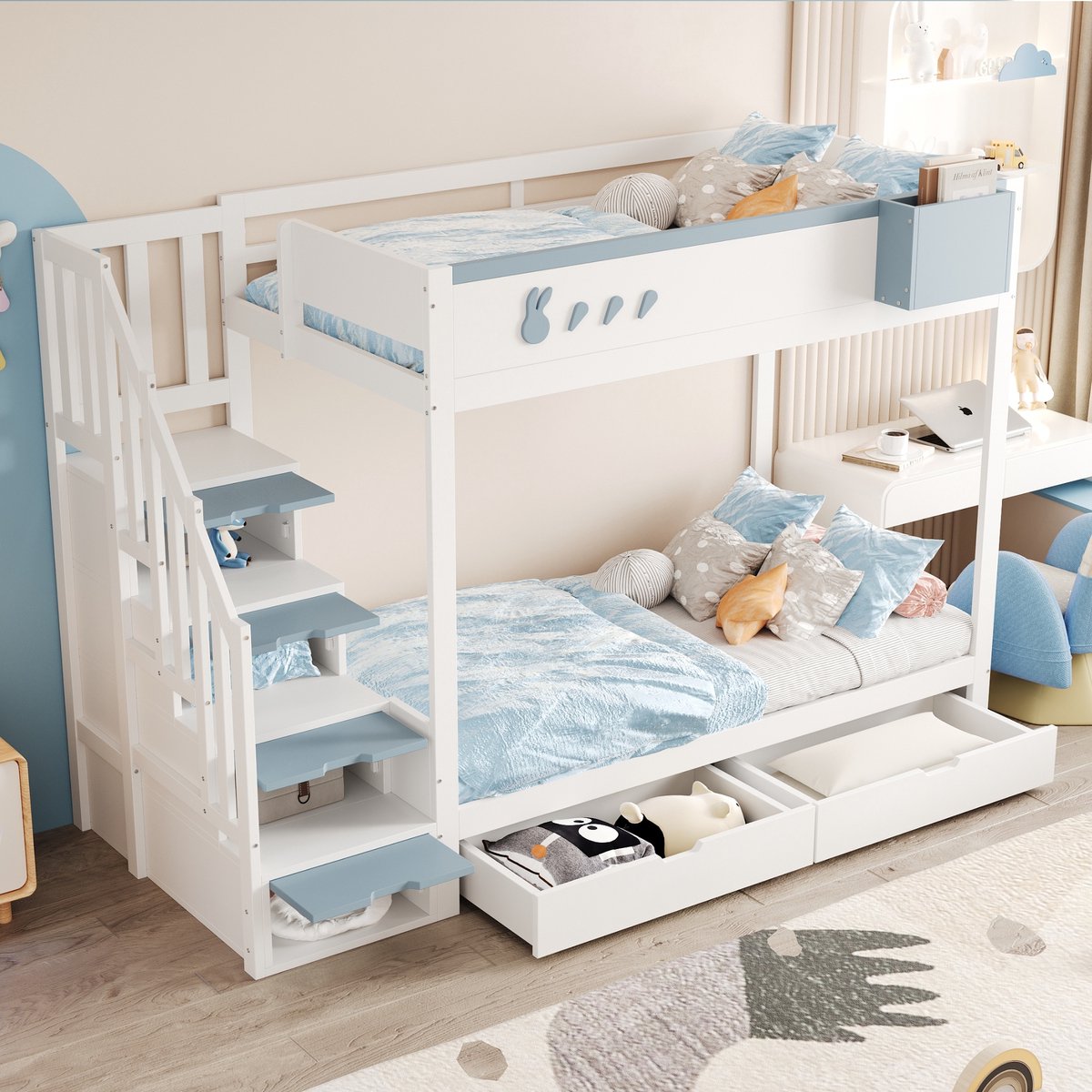Sweiko Stapelbed - 90 x 200 cm - Konijn- en wortelontwerp - Opbergruimte - 2 lades - Kinderbed - Wit + Blauw