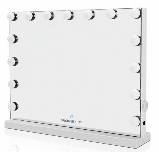 Witte make-upspiegel met 15 LED lampen en een witte voet.