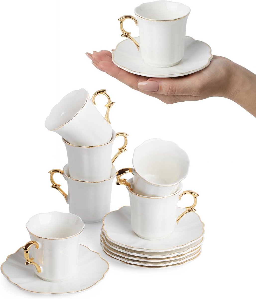 Set van 6 Espresso Kopjes en Schotels met Geschenkdoos - Porselein met Gouden Rand