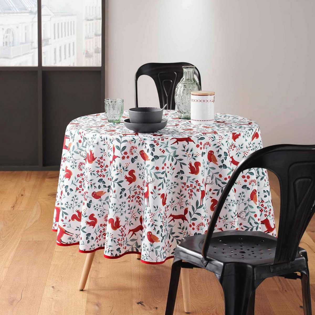 Rond tafelkleed diameter 180 cm in bos print van bedrukte polyester