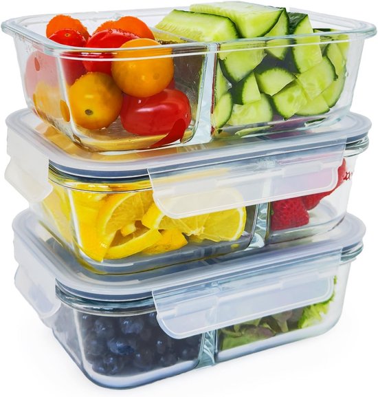Lot de 3 boîtes de conservation en verre pour préparation de repas - Hermétiques, sans BPA, résistantes à la chaleur, compatibles micro-ondes et congélateur