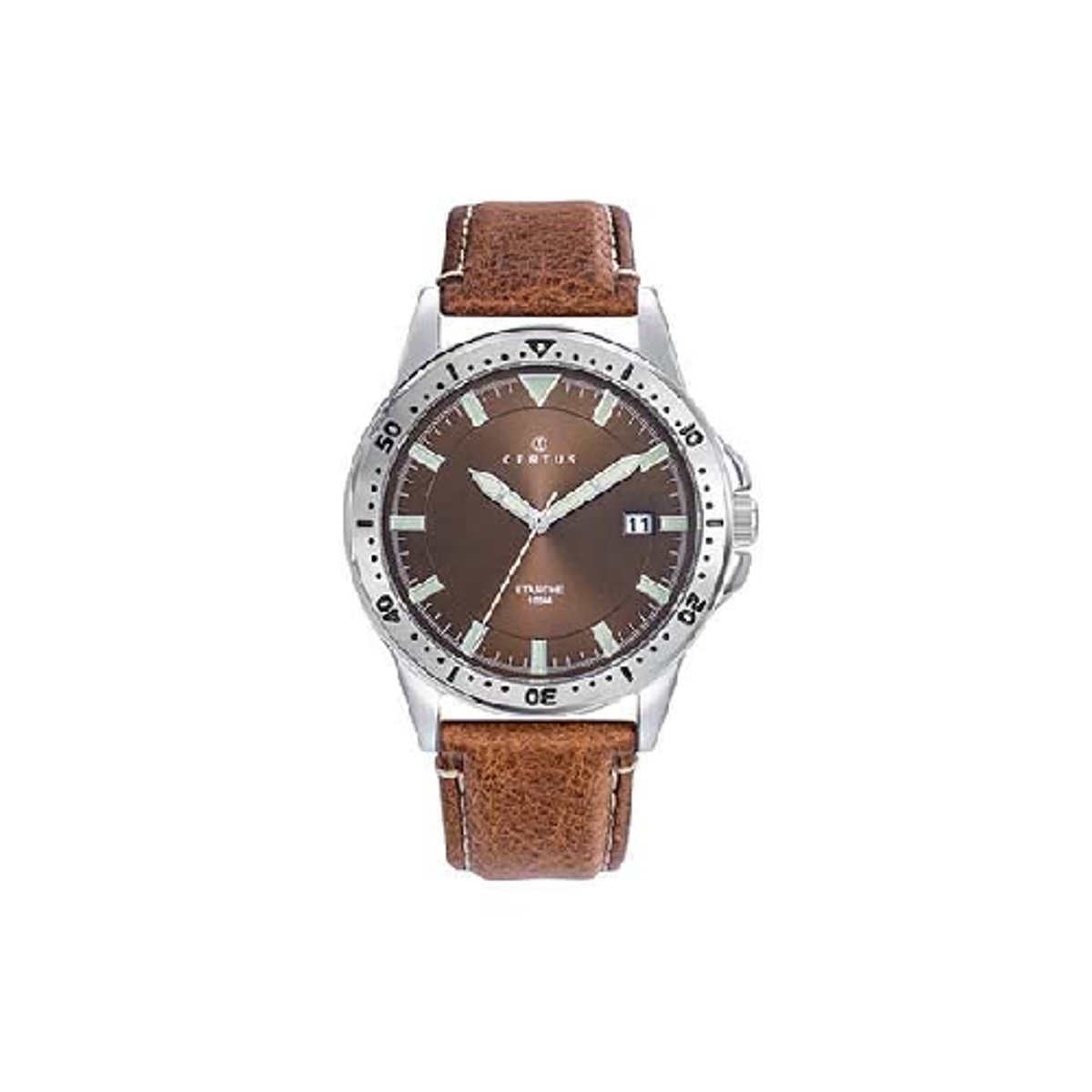 Certus-model 611310-horloge-heren-datum-zilverkleurig-oplichtende wijzers-cognac kleurig lederen band-bruine wijzerplaat-diameter 40 mm-10 atm waterdicht-gemaakt in Frankrijk