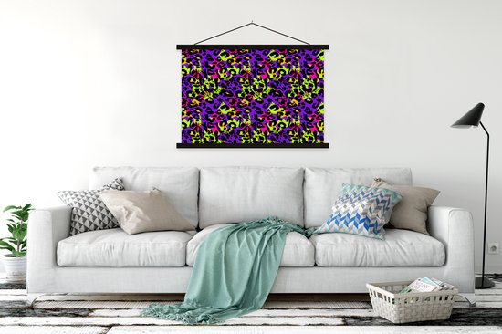 Porte-affiche avec affiche - Affiche scolaire - Imprimé panthère - Néon - Violet - Jaune - 150x100 cm - Lattes noires